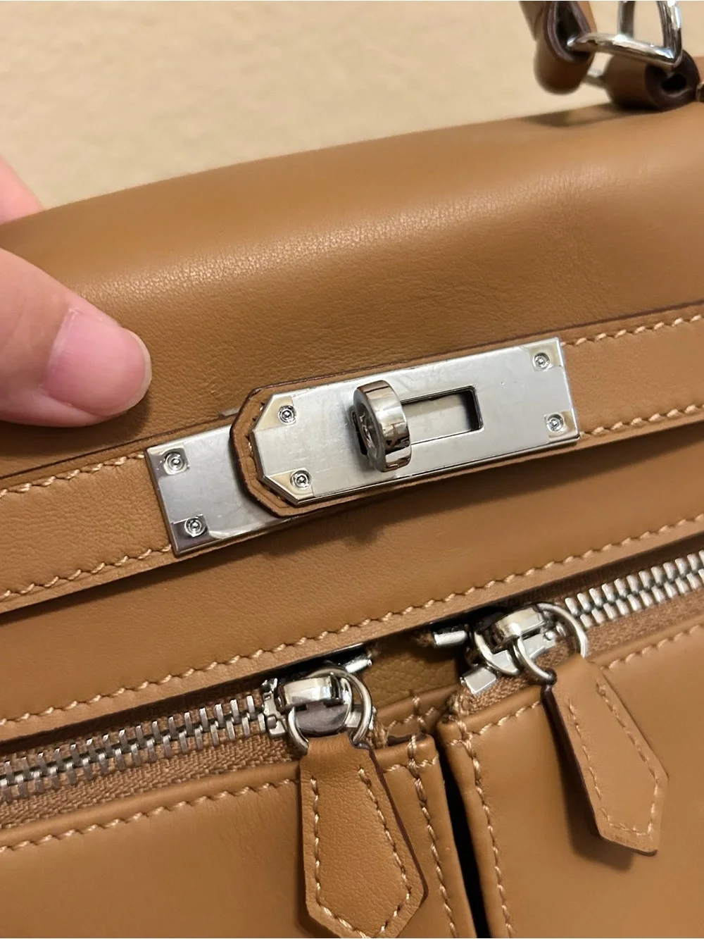 28cm Biscuit Top Handle Double Front Pocket Leather Satchel